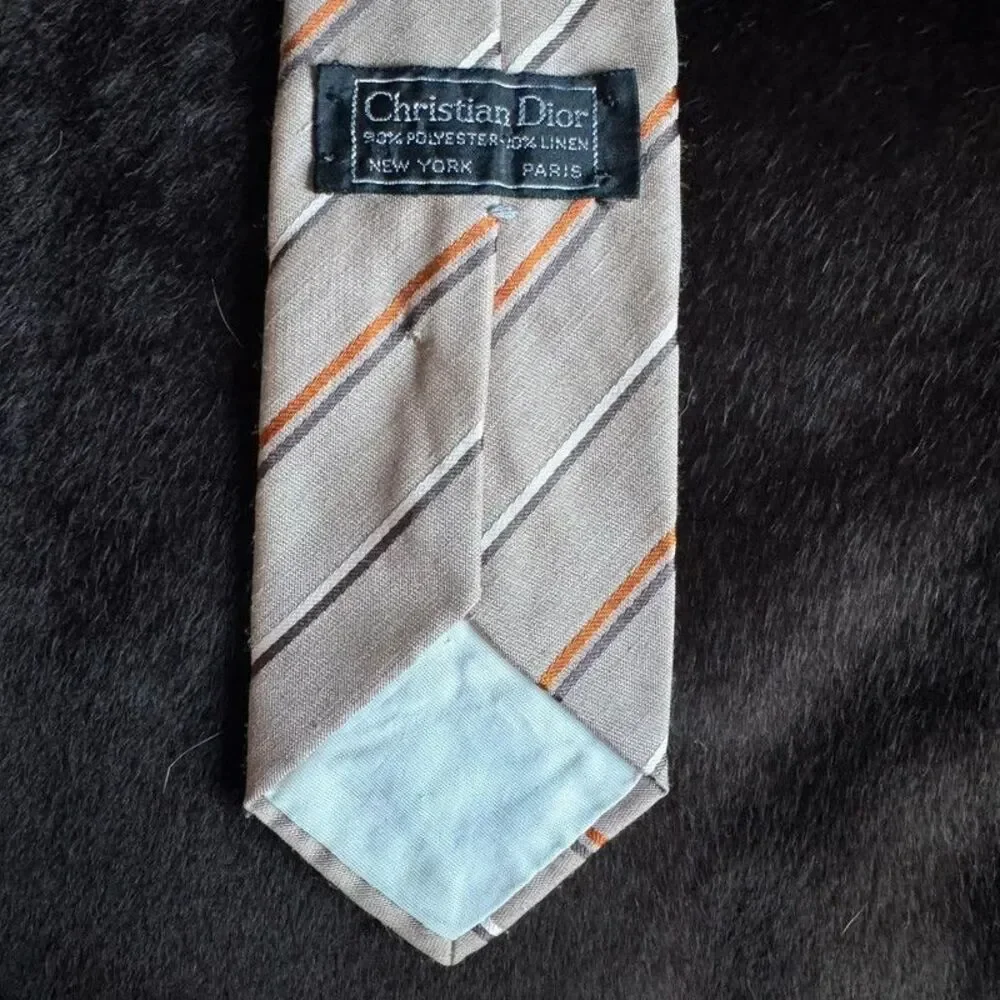 Christian Dior Vintage Stripe Tie Polyester Linen Tan Brown Orange Embroidered